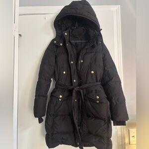 J. Crew Black Quilted Belted Hooded Puffer Coat
